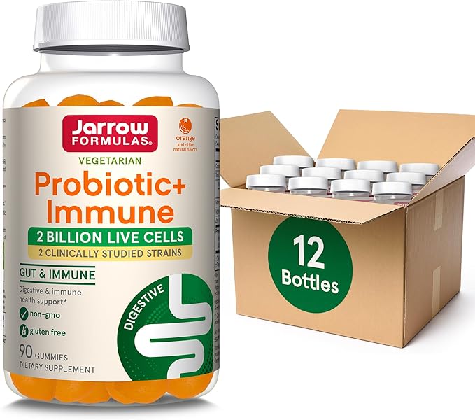 Jarrow Formulas Probiotic+ Immune Gummies 2 Billion CFU Supplement for Digestive Health and Immune Support 90 Orange Flavor Probiotic Gummies 45 Day Supply12 Packs