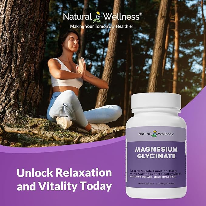 Natural Wellness Magnesium Glycinate – High Absorption Magnesium Supplement for Relaxation Restful Sleep Bone &amp Heart Health and Muscle Function – Gentle on Stomach 180 Vegetarian Capsules