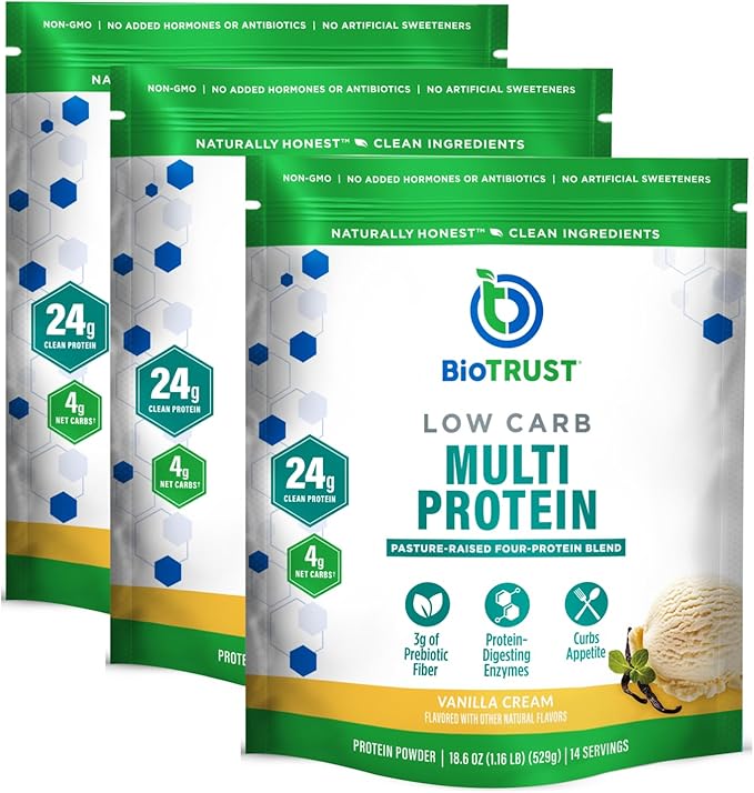 BioTrust Low Carb Protein Powder – Natural and Delicious Whey &amp Casein Blend from Grass-Fed Hormone Free Cows – Non GMO Soy Free Gluten Free Hormone Free (Vanilla 3-Pack)