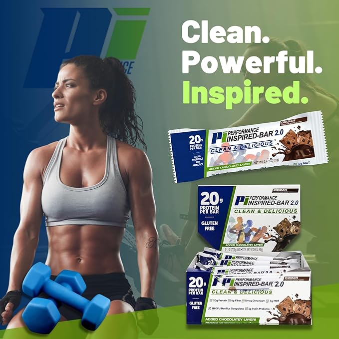 Performance Inspired Nutrition - Protein Bar 2.0 – Contains: 20G Protein - 6G Fiber - 4g MCTs - 1 Billion CFU Probiotics – 1G Prebiotics - G Free – BIG 70g bar - Chocolate 12-Ct. Box