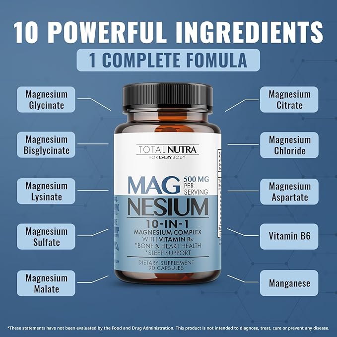 10-in-1 Magnesium Supplement 500 mg | High Absorption Magnesium Complex with Mag Glycinate Citrate Vitamin B6 Magnesium for Sleep Muscle Bone &amp Heart Health Vegan &amp Gluten-Free 45 Day Su
