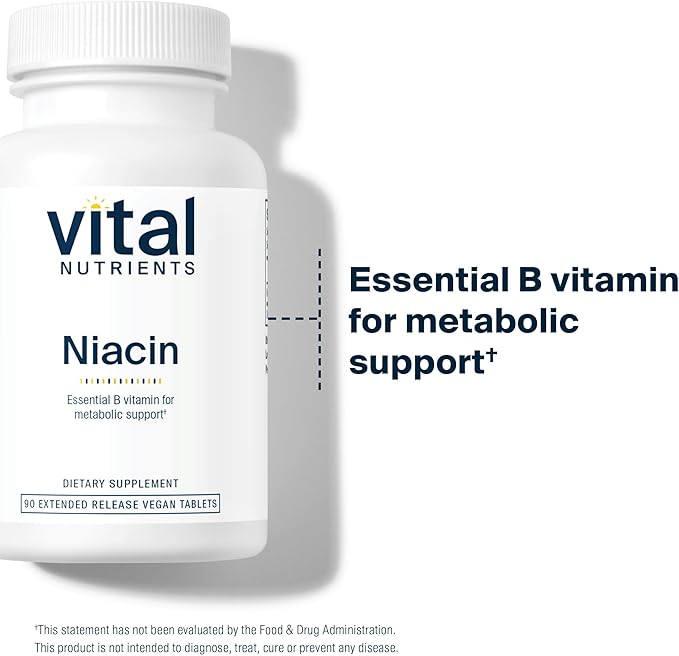 Vital Nutrients Niacin 500mg - Timed-Release Niacin Supplement for Men &amp Women - Vitamin B3 Supports Heart Health and Protein &amp Fat Metabolism - Gluten Dairy Soy Free - Non-GMO - 90 Tablets
