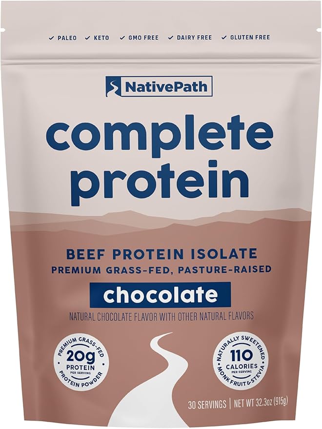 NativePath Complete Beef Protein Powder Isolate – Grass-Fed Pasture-Raised Dairy &amp Lactose Free Gluten Free Zero Sugar MCTs &amp Amino Acids – 20g Protein Chocolate Flavor 30 Servings