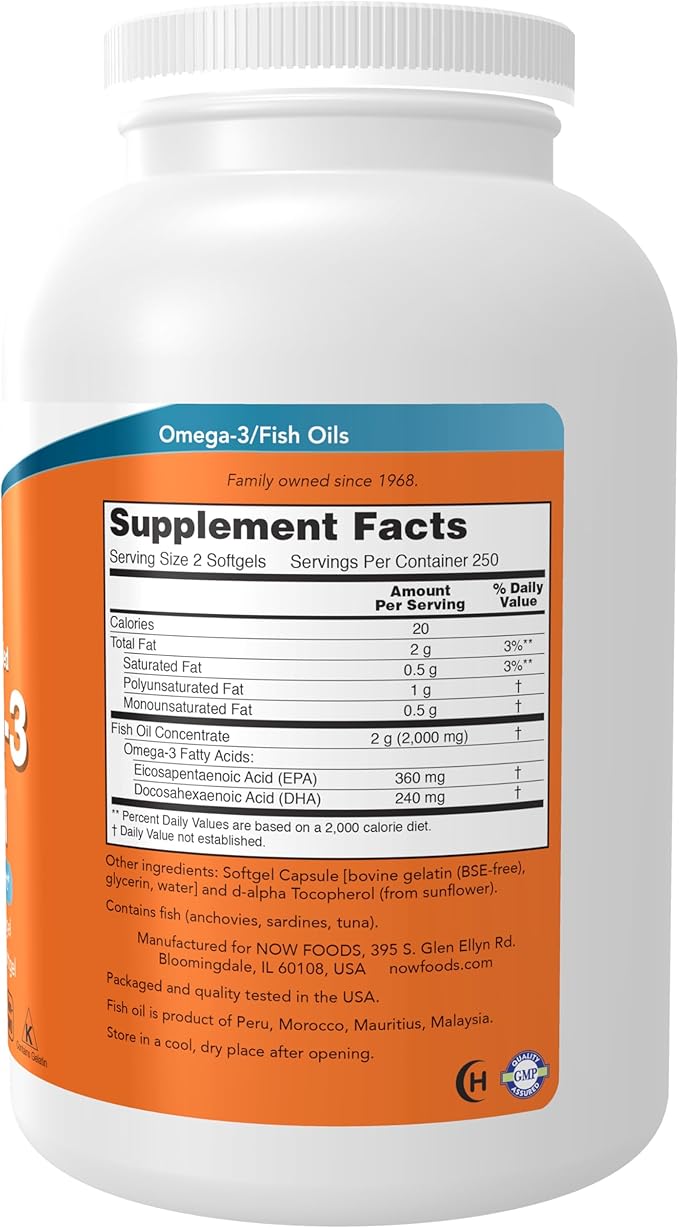 NOW Foods Supplements Omega-3 180 EPA / 120 DHA Molecularly Distilled Cardiovascular Support* 500 Softgels