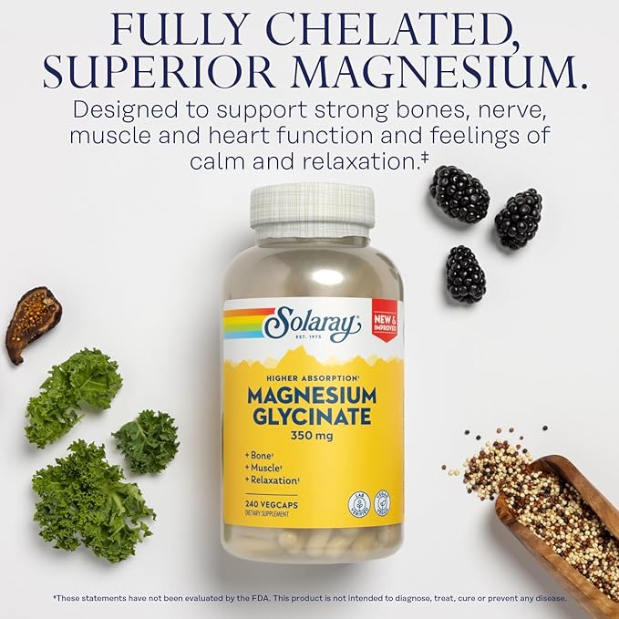 Solaray Magnesium Glycinate New &amp Improved Fully Chelated Bisglycinate with BioPerine High Absorption Formula Stress Bones Muscle &amp Relaxation Support 60 Day Guarantee 60 Servings 240