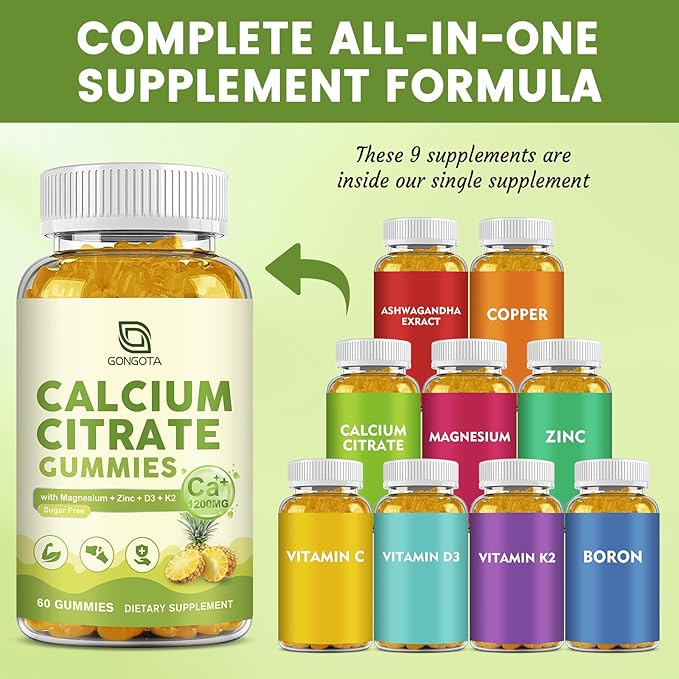 Calcium Citrate Gummies for Women 1200mg Calcium Citrate Magnesium with Vitamin C D3 K2 Absorption Calcium Supplements for Bone Muscle Immune Sugar Free (120Count)