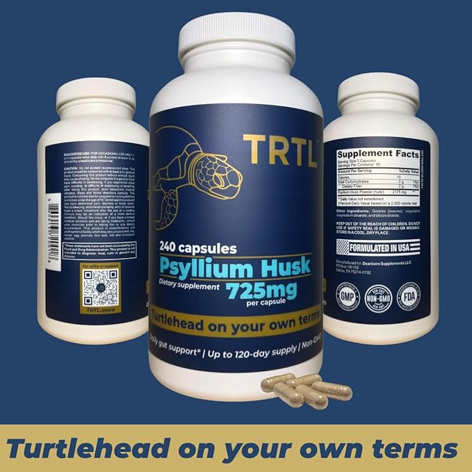 TRTL Psyllium Husk Capsules – 240ct | Fiber Supplement for Gut Health Support &amp Digestive Regularity | Packaged &amp Tested in USA Non-GMO | 2.2g Fiber per Serving