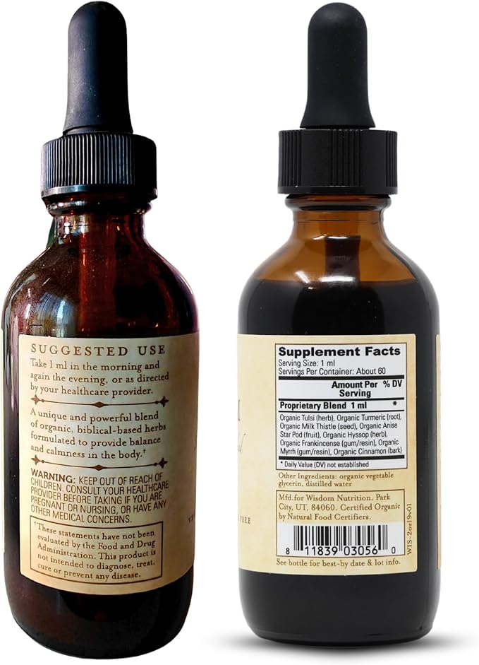 Organic Turmeric Frankincense and Myrrh – Herbal Supplement Blend for Energy Detox Focus Immunity &amp Stress – Non-GMO Vegan Tonic with Milk Thistle – Wisdom Bible Based Blend – 2oz Liquid Drops