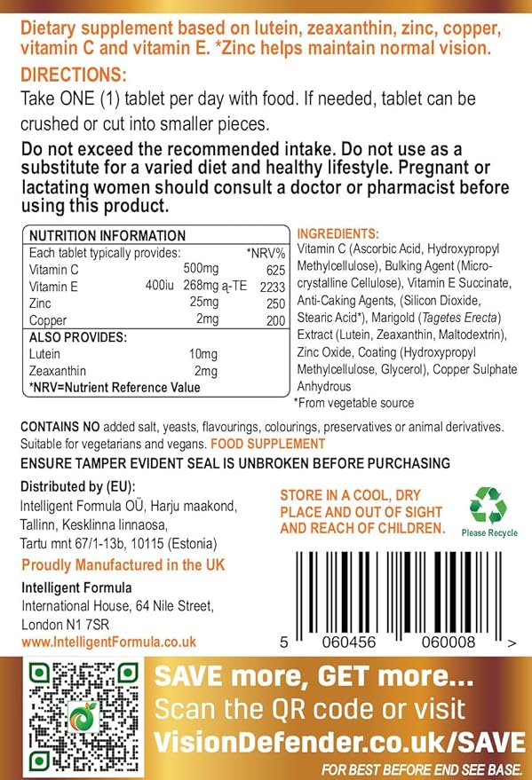 Vision Defender AMD AREDS2 Eye Vitamins – Exact AREDS 2 Formula with Lutein &amp Zeaxanthin Vitamins C &amp E Zinc 25 mg &amp Copper – Once Daily Vegan Eye Health Supplement 90 Tablets