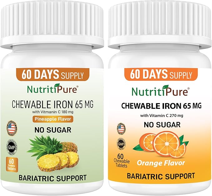 Chewable Iron 65mg with Vitamin C Bundle Orange and Pineapple Flavor 120 Days Supply for Women/Men