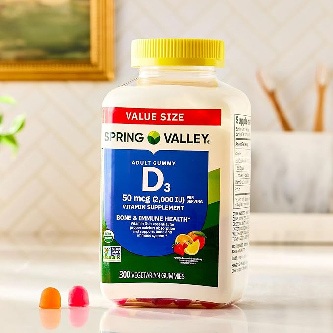 SUREFECT Spring Valley Vitamin D3 50mcg (2000 IU) Gummies - 300 Count - Bone &amp Immune Support Mixed Berry Flavor Vegetarian Organizer.