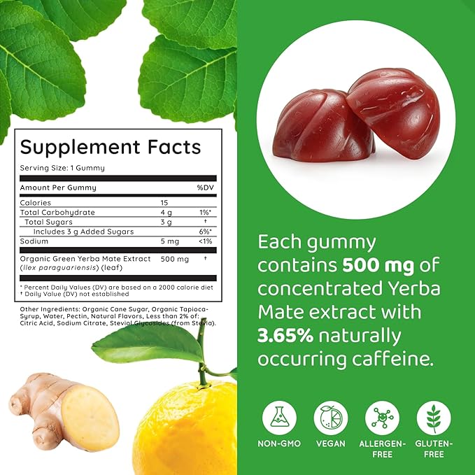 Yerba Mate Gummies - Yuzu &amp Ginger Flavor for Energy Focus Immunity &amp Cardio Health | Vegan Non-GMO Gluten-Free - 50 Natural Supplement Gummies