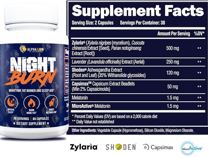 ALPHA LION Night Burn Metabolism Booster for Weight Loss Less Body Fat More Muscle Promotes Lean Body Calorie Burning Supplement Relax Better Promote Healthy Cortisol (60 Capsules)