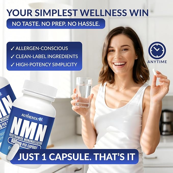 NMN Supplement 600 mg/Capsule Once Daily | 99% Pure Beta Nicotinamide Mononucleotide | Potent NAD⁺ Precursor | Supports Cellular Energy &amp Metabolism | Vegan Non-GMO Third-Party Tested &amp Glut