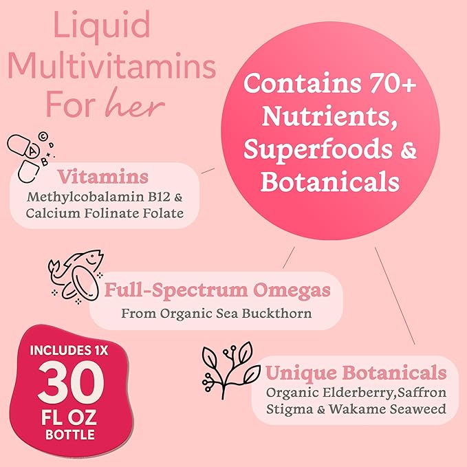 Women’s Liquid Multivitamin | 70+ Nutrients Superfoods &amp Omegas | Made in USA | Vegan Non-GMO Sugar Free | Mixed Berry | 30 Fl Oz (30 Servings)