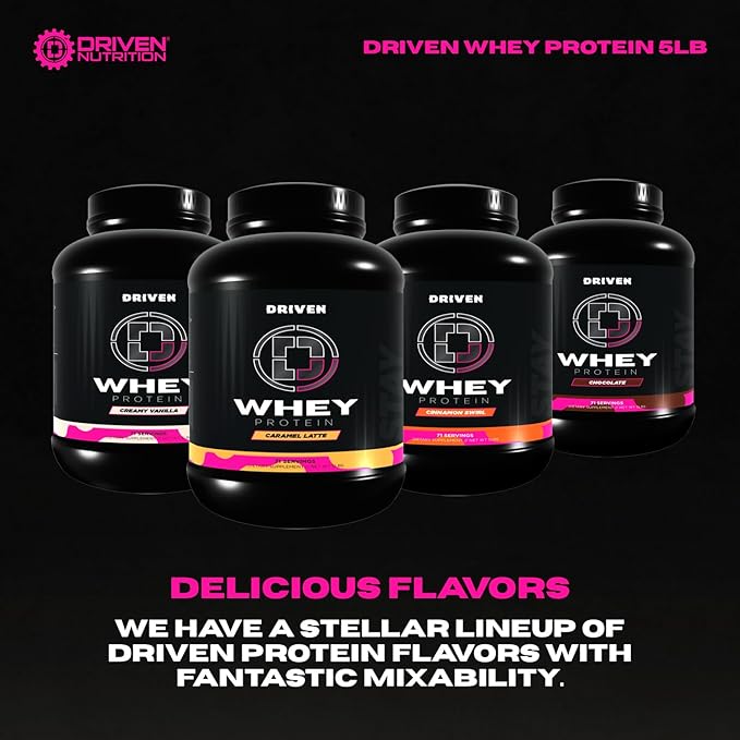 Driven WHEY- Whey Protein Powder: Delicious Clean Protein Shake- Improve Muscle Recovery with 23 Grams of Protein with Added BCAA and Digestive Enzymes (5lb Caramel Latte)