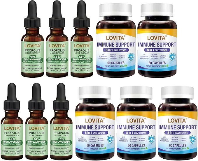LOVITA 11-Piece Value Bundle - 6 Propolis Liquid &amp 5 Immune 8-in-1 Capsules Vegan Vitamins &amp Propolis Extract