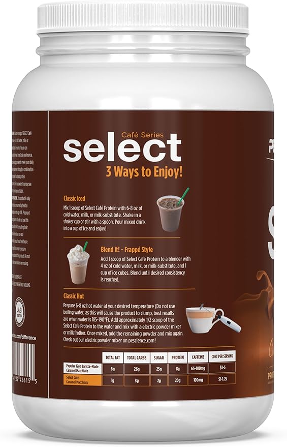 PEScience Select Cafe Protein Coffee Flavored Powder 100mg Caffeine 20g Iced Protein Coffee Powder or Creamer - Caramel Macchiato 20 Servings