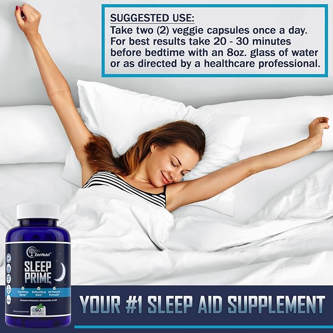Sleep Prime Vegan Natural Sleep Aid for Adult Extra Strength - Deep Sleep Supplement - Herbal Sleeping Pill - Stress Relief - Melatonin GABA - 60 Veggie caps