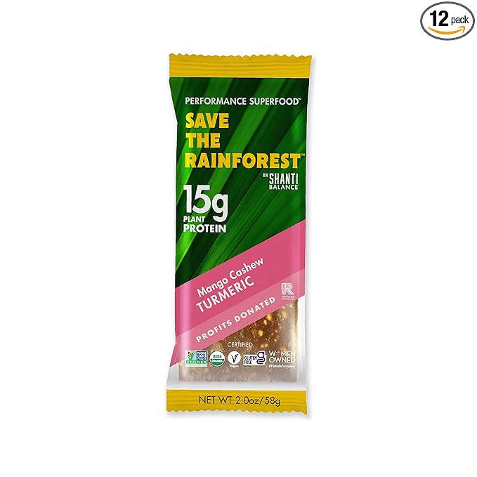 SAVE THE RAINFOREST by SHANTI BALANCE | Mango Cashew Turmeric | 15G Plant Protein | Organic Gluten Free Superfood | Gut Health Fiber | Immunity Boosting | Performance Nutrition | 12 Count 2 oz Bars