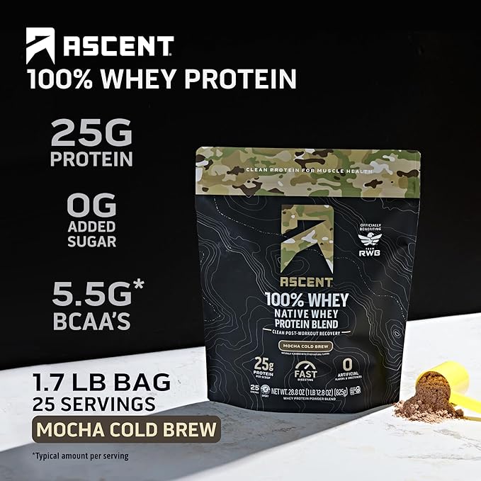 Ascent 100% Whey Protein Powder - Post Workout Whey Protein Isolate Zero Artificial Flavors &amp Sweeteners Gluten Free 5.5g BCAA 2.6g Leucine Military Exclusive Mocha Cold Brew 1.7 lb
