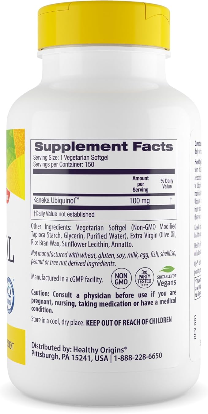 Healthy Origins Vegan Ubiquinol (Active Form of CoQ10) 100 mg - Kaneka Ubiquinol Supplements for Heart Health &amp Antioxidant Support - Gluten-Free &amp Non-GMO Supplement - 150 Veggie Gels