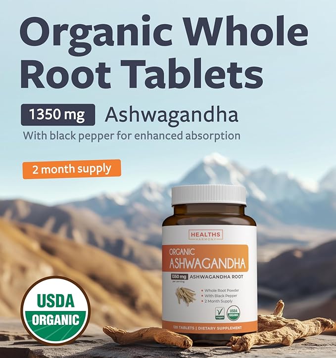 USDA Organic Ashwagandha Supplement - High Potency Ashwagandha Pills Made With Organic Black Pepper for Enhanced Absorption - Vegan Non-GMO Made in the USA &amp Lab Verified (2 Months Supply)