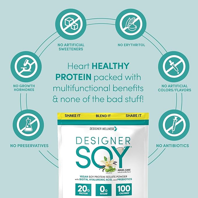 Designer Wellness Soy Isolate Protein Powder with Biotin Hyaluronic Acid and Prebiotics Vegan 0 Sugar Non-GMO Angel Cake Vanilla 1.87 lb