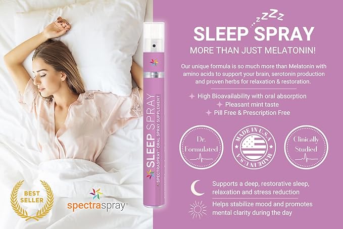 Sleep Support Spray (30 Day Supply) - Melatonin 5-HTP L-Theanine &amp Herbal Extracts Spearmint Flavor TSA Safe &amp Fast Absorbing by SpectraSpray