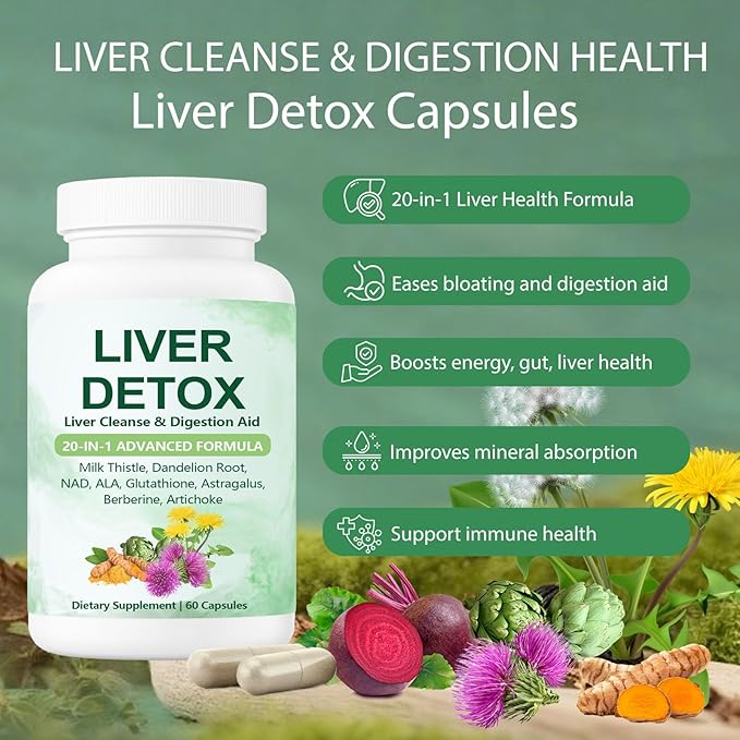 Nutrapure Liver Detox Capsules Nutrapure 20-in-1 Liver Detox Supplement with Milk Thistle Dandelion Root Turmeric Artichoke Leaf for Liver Cleanse &amp Digestion Aid Health - 60 Capsules (1)