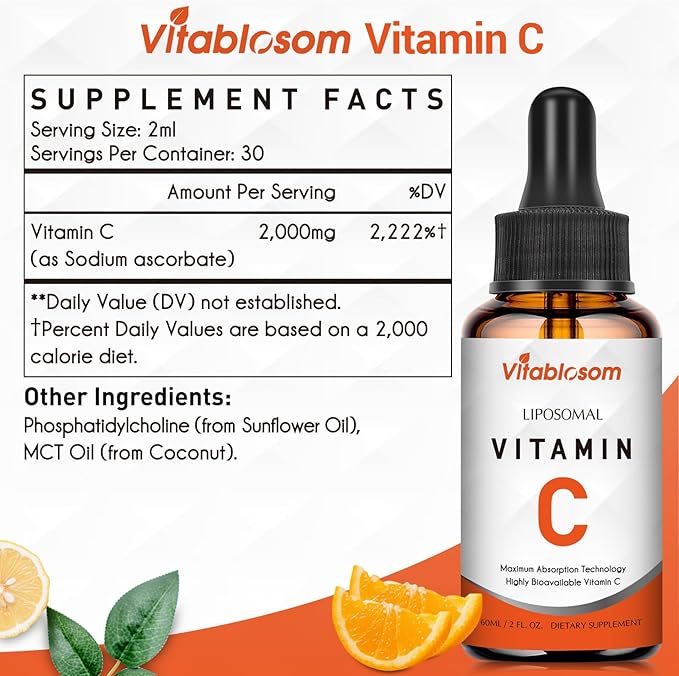 Liposomal Vitamin C 2000mg Liquid for Adults High Absorption VIT C Maximize Vitamin C Immune System &amp Antioxidant Support 60ML (2 Bottle)
