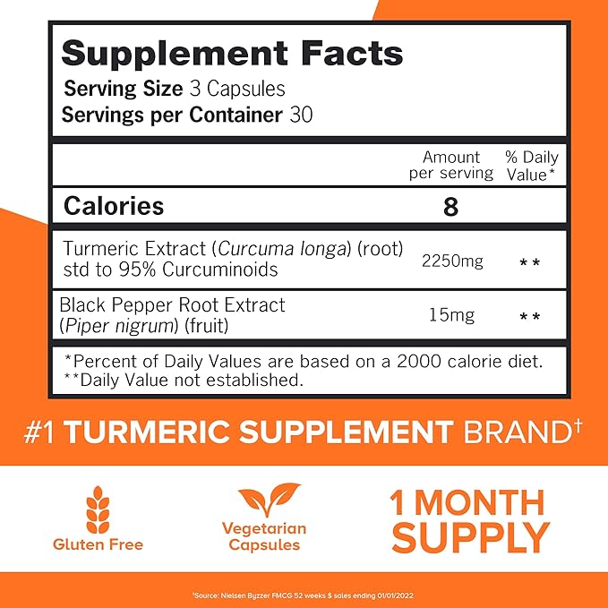 Qunol Turmeric Curcumin 2250mg Black Pepper Extract for Enhanced Absorption Supports Healthy Inflammation Response and Joint Health Dietary Supplement Vegetarian Formula 90 Capsules