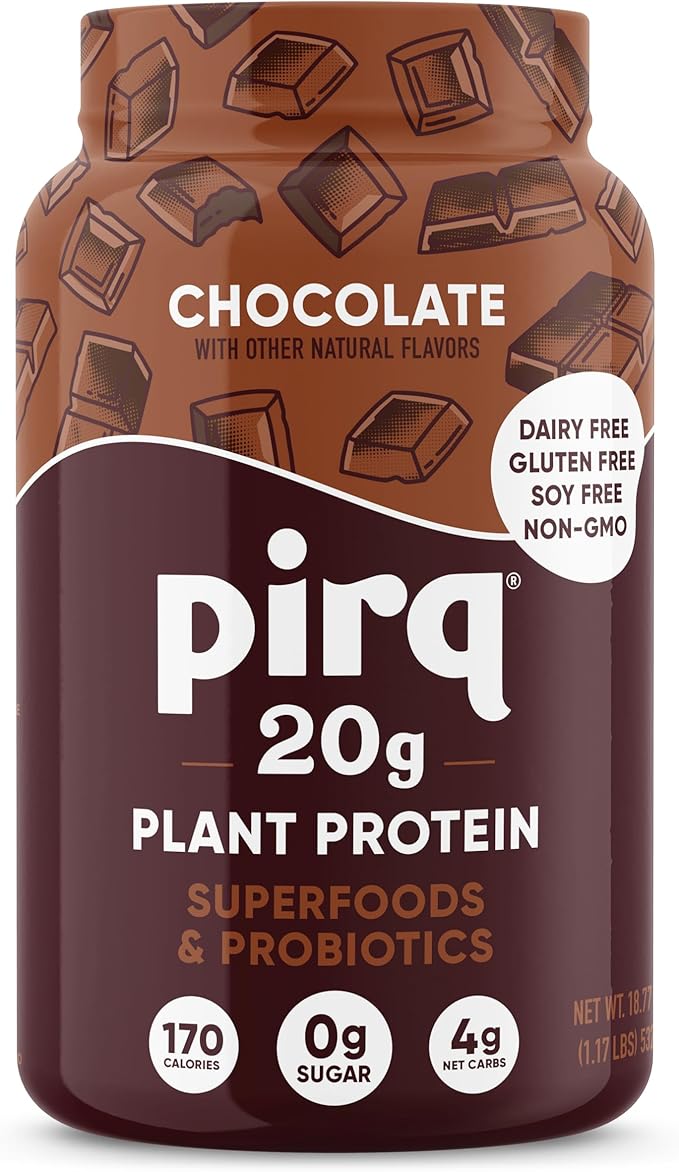 Pirq Dairy Free Protein Powder with 20g Protein Plant Based 2B CFU Probiotics 25 Superfoods Greens and Fruits Vegan 0g Sugar (14 Servings) (Chocolate)