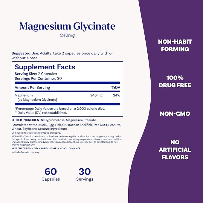 Natrol Magnesium Glycinate Supplements 240 mg - High Absorption - Calm Magnesium Glycinate for Sleep - 60 Capsules30 Day Supply(Pack of 2)