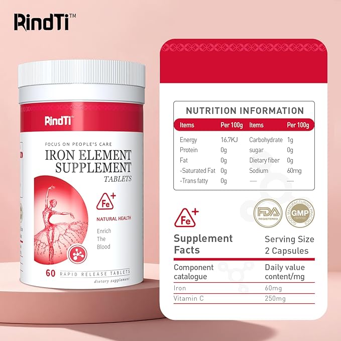 Daily Iron Supplement Tablets Iron 60 mg with Vitamin C 250 mg Support The Production of Healthy Red Blood Cells Gentle Absorption Formula 60 Servings
