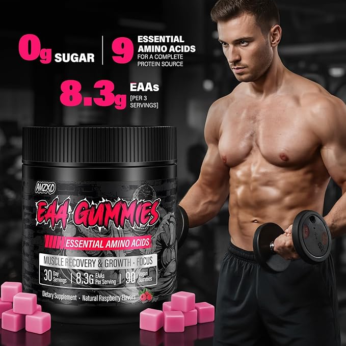 EAA Gummies - 2:1:1 BCAA Formula (8300mg) - Essential Amino Acids for Muscle Recovery &amp Endurance - Non-GMO Gluten Free Sugar Free Vegetarian Raspberry Flavor - 90 Count