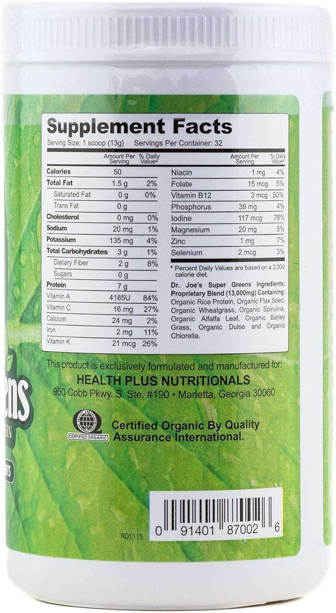 Dr. Joe's Super Greens - Vegan Green Superfood Powder with Rice Protein