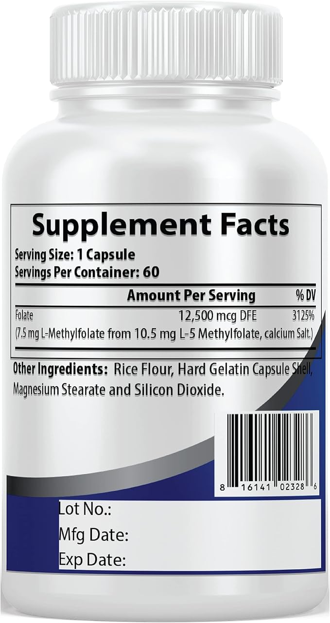 Pacific Nature's L-Methylfolate 7.5mg (60 Capsules) Natural Active Form of Folate for Overall Health Support - Gluten Free Non-GMO
