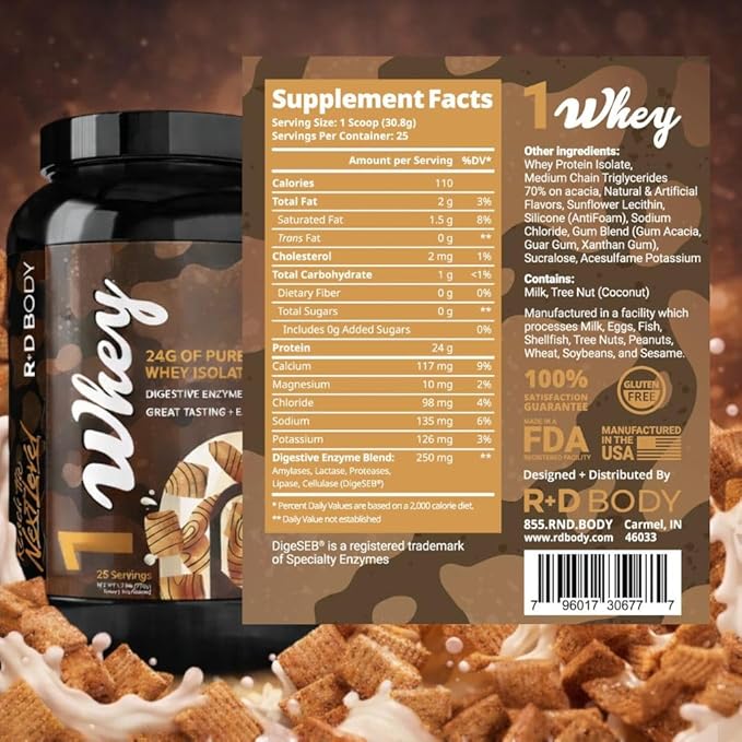 Whey Isolate Protein Powder Cinnamon Cereal 1 Whey – 24g Whey Isolate Protein per Scoop with Digestive Enzymes Plus MCTs - Low Carb Low Lactose Gluten Free - 25 Servings
