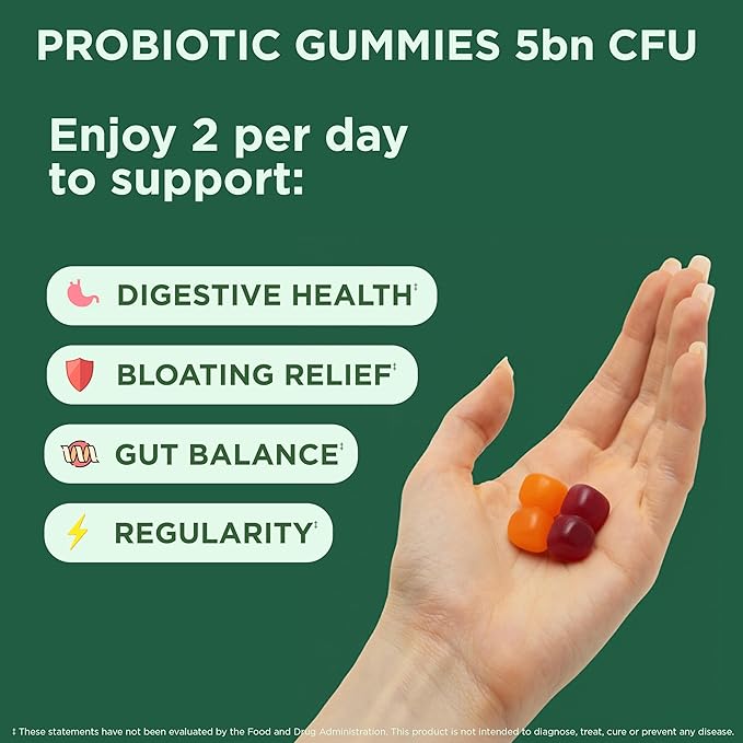 Yuve Natural Sugar Free Probiotic Gummies 5 Billion CFU Helps with Constipation Bloating &amp Leaky Gut - Vegan Gluten-Free &amp Non-GMO - 60ct