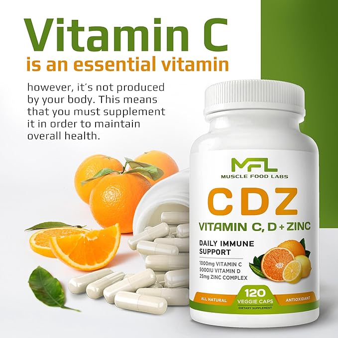 2 Pack C D Z | Vitamin C 1000mg | Vitamin D3 125mcg | Zinc 25mg | Non-GMO &amp Gluten Free | 240 Servings