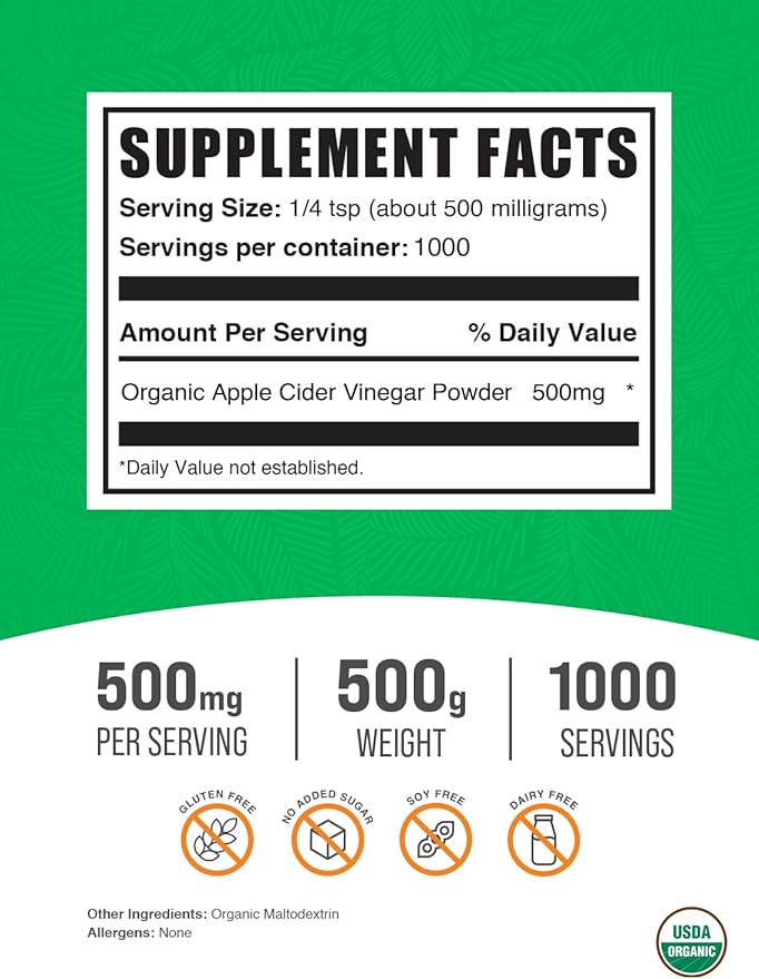 BulkSupplements.com Organic Apple Cider Vinegar Powder - Apple Cider Vinegar Supplement ACV for Digestive Support - Vegan &amp Gluten Free 500mg per Serving 500g (1.1 lbs) (Pack of 1)