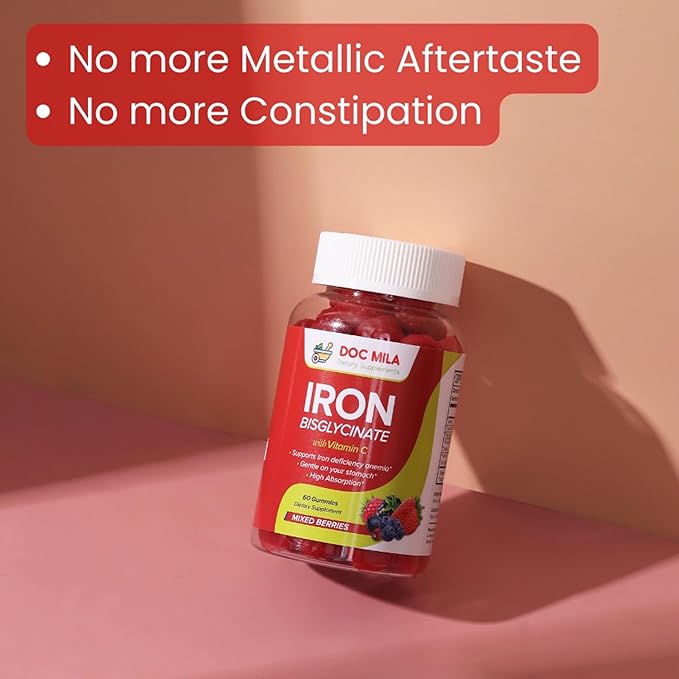 Iron Supplement for Kids and Adults - Iron Bisglycinate Gummies 25mg with Liposomal VIT C - Chelated Iron Supplement for Women and Men - 60 Gummies 1 Month Supply