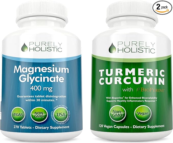 Magnesium Glycinate 400mg + Organic Turmeric Curcumin 700mg with Bioperine Providing 95% Curcuminoids - 270 Tablets &amp 120 Capsules - Vegan Bundle