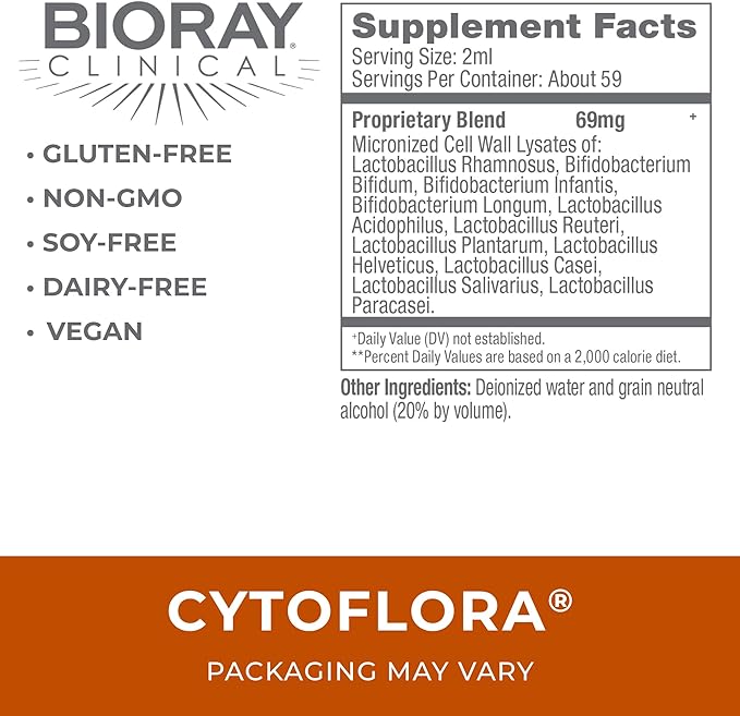 BIORAY Clinical CytoFlora - 4 fl oz - Probiotic Immunity Tonic - Improves Bowel &amp Gut Function - Non-GMO Vegetarian Gluten Free