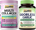 Odorless Garlic Extra Strength 100:1 Extract Heart &amp Immunity Antioxidant Defense 180 Softgels and Multi Collagen Peptides Powder Type I II III V X 8oz