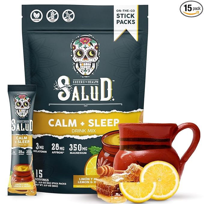 Salud 2-in-1 Sleep Aid + Calm Drink Mix Lemon Honey Flavor Melatonin Magnesium Saffron Extract L-Theanine Non-GMO Gluten Free Vegan Low Calorie 1g of Sugar (15 Servings)