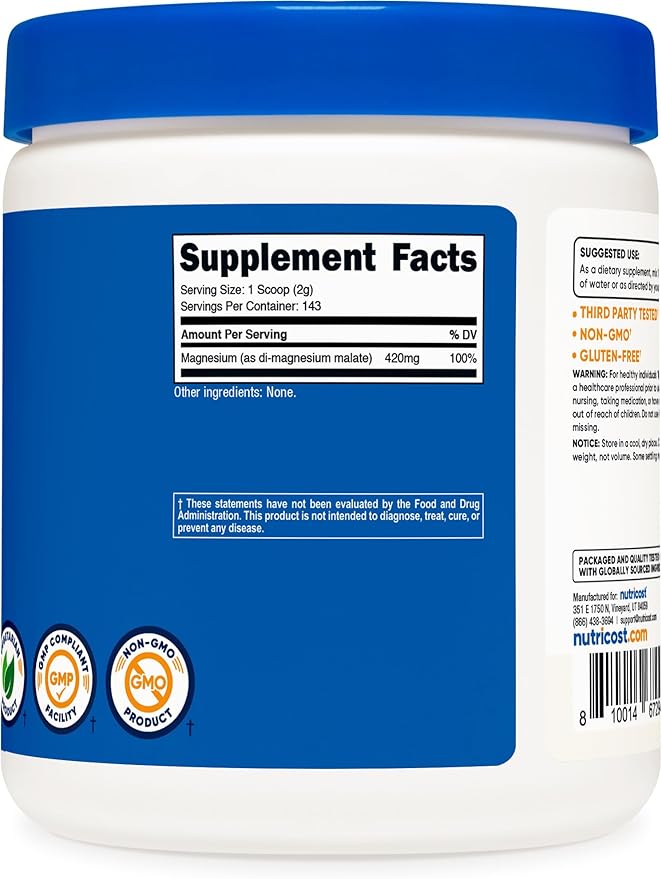 Nutricost Magnesium Malate Powder (300g) - 420mg of Magnesium Per Serving - Non-GMO Gluten Free