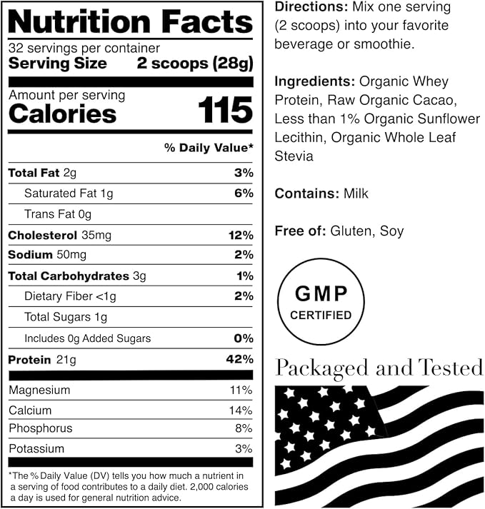 NorCal Organic Chocolate Whey Protein | 100% USA Grass-Fed USDA Certified | Naturally Flavored with Raw Cacao from California Family Farms | 32 Ounce (Pack of 1) - 32 Servings