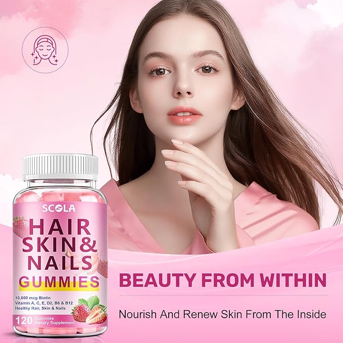 SCOLA Hair Skin and Nails Gummies Biotin (10000mcg) Hair Skin and Nails Vitamins Supplement for Women Men Supports Faster Hair Growth Stronger Nails Healthy Skin 240 Count